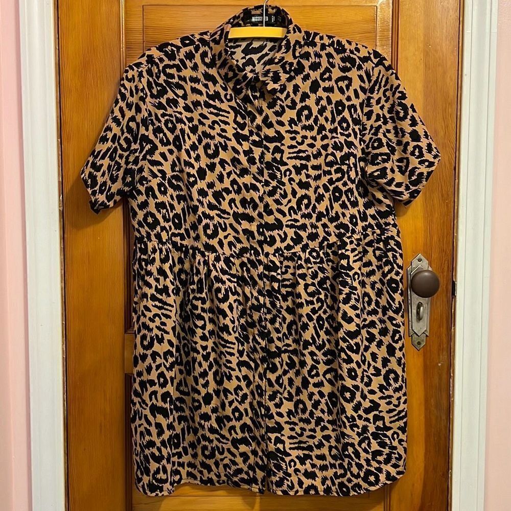 Missguided Cheetah Animal Print Babydoll Button Down Shirt Women’s 4